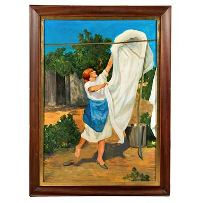 Scuola italiana, Donna che distende il bucato, olio su tela (sec. XX)