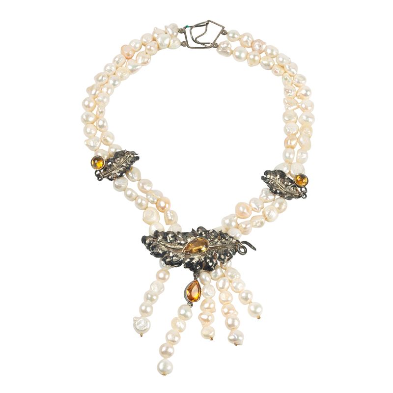 COLLANA DI PERLE, ARGENTO E QUARZI