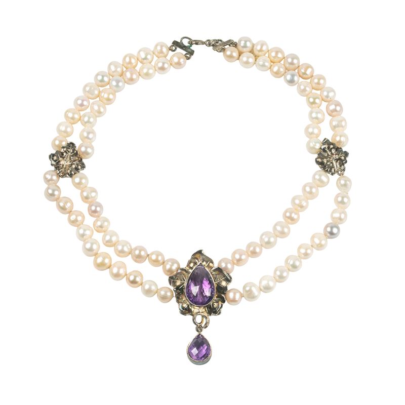 COLLANA DI PERLE, ARGENTO E PIETRE