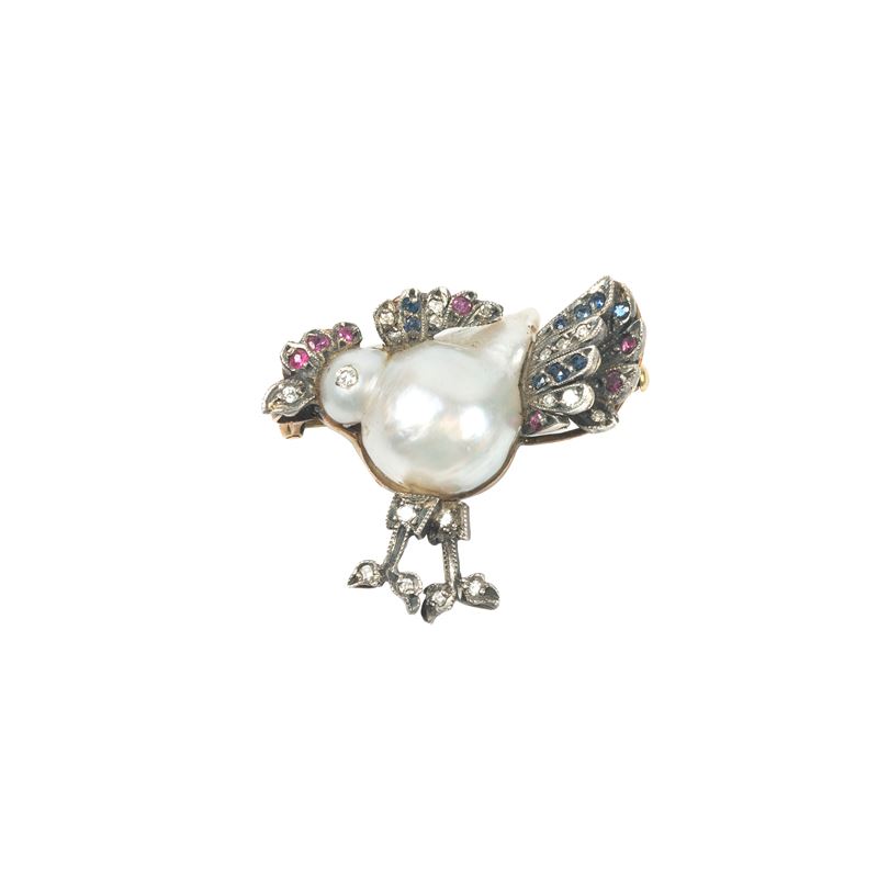 SPILLA IN ORO 18KT, ARGENTO DIAMANTI PERLA