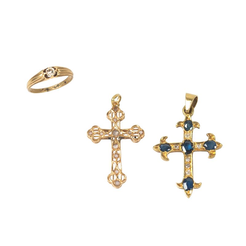 PENDENTE IN ORO 18KT, ZAFFIRI E DIAMANTI