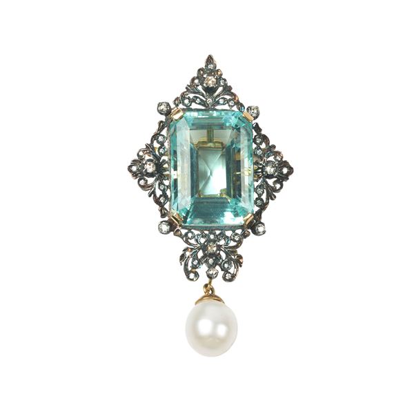 



SPILLA/PENDENTE IN ORO 18KT, ARGENTO, DIAMANTI, PERLA E VETRO 