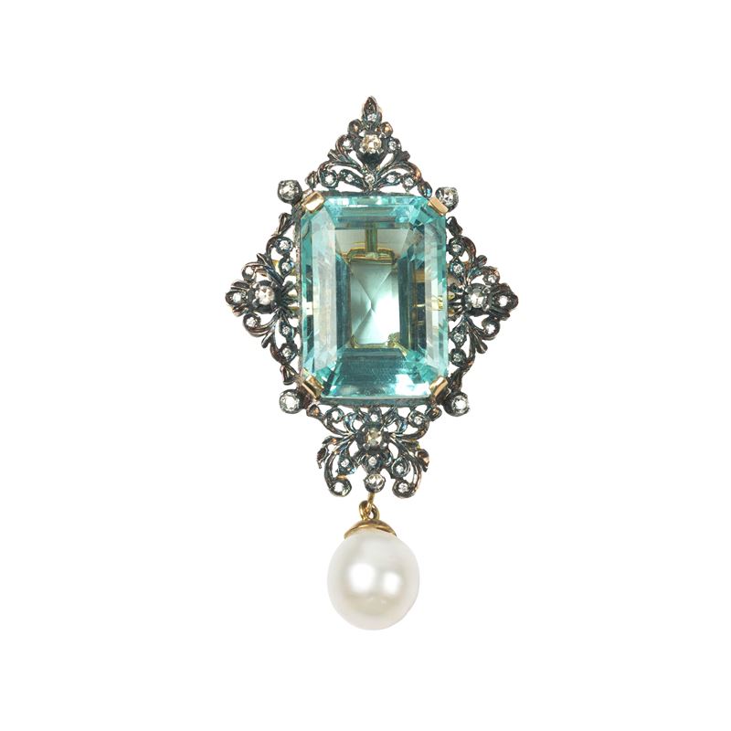 SPILLA/PENDENTE IN ORO 18KT, ARGENTO, DIAMANTI, PERLA E VETRO