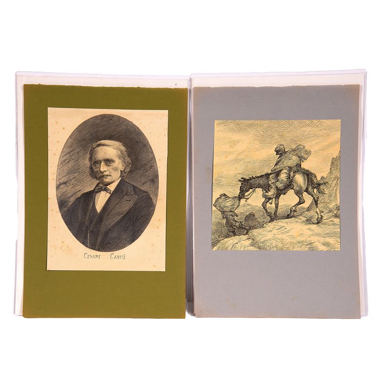 Scuola italiana, Ritratti di Cesare Cantu e viandanti, coppia di disegni