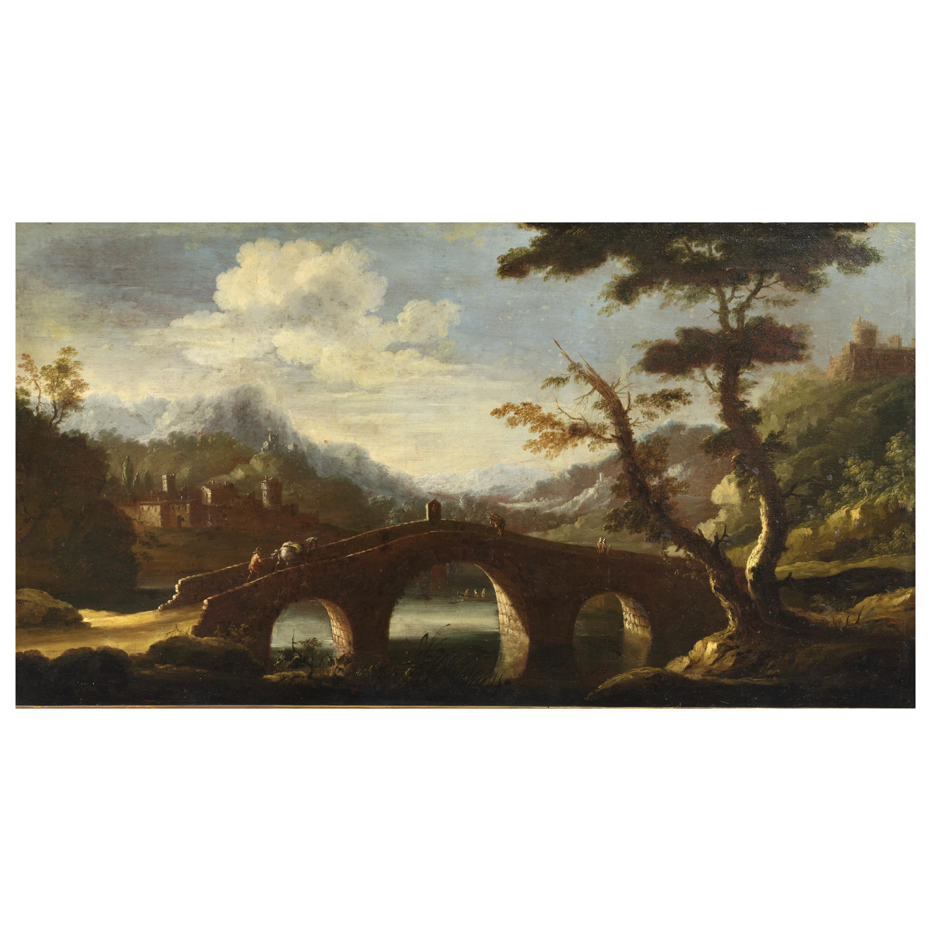 Nicola Viso, Paesaggio fluviale con ponte e figure