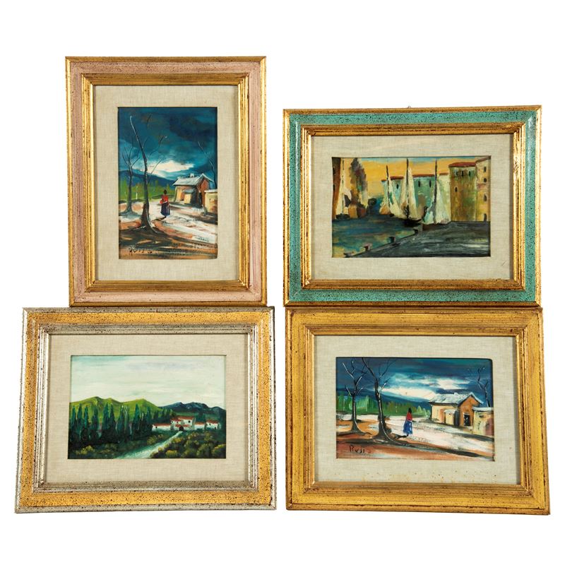 Scuola italiana, Paesaggi, quattro dipinti a olio su masonite e tela (sec. XX)