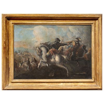 Artista dell'Italia settentrionale, XVII secolo, Cavalieri in battaglia, olio su tela