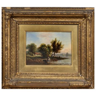 Scuola italiana (inizio XX secolo), Paesaggio fluviale (coppia di dipinti, olio su cartoncino)