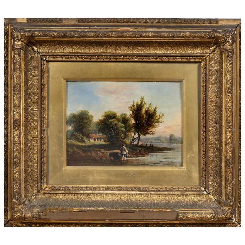 Scuola italiana (inizio XX secolo), Paesaggio fluviale (coppia di dipinti, olio su cartoncino)