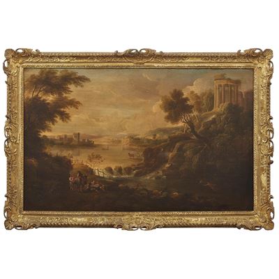 Artista francese del XVIII secolo, Paesaggio arcadico con figure e armenti