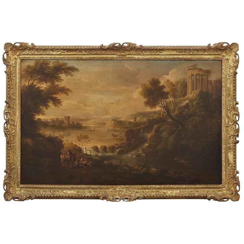 Artista francese del XVIII secolo, Paesaggio arcadico con figure e armenti