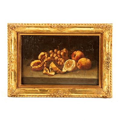 Scuola spagnola, Natura morta con limone, pesche e grappolo d’uva, olio su tela (sec. XVIII)