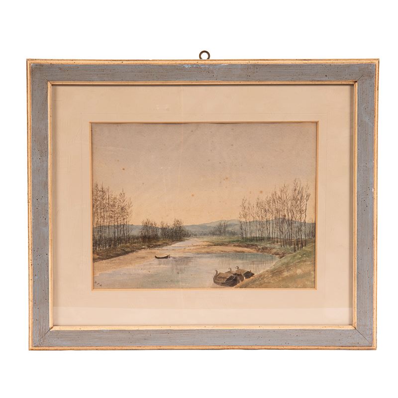 Scuola inglese, Paesaggio lacustre, tecnica mista su carta (inizi sec. XX)