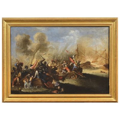 Scuola fiamminga, Scontro navale tra turchi e cristiani, olio su tela (secc. XVII–XVIII)