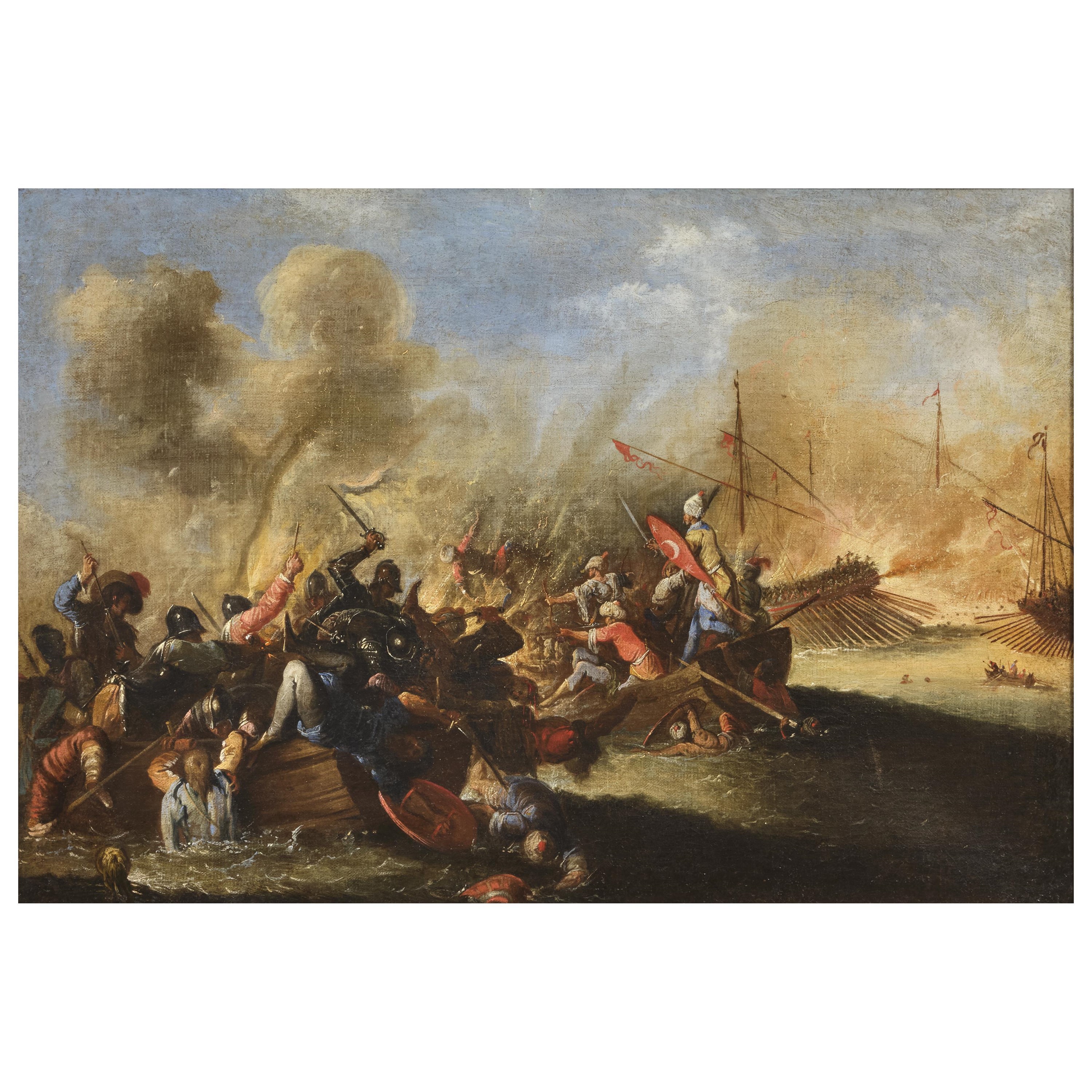 Scuola fiamminga, Scontro navale tra turchi e cristiani, olio su tela (secc. XVII–XVIII)