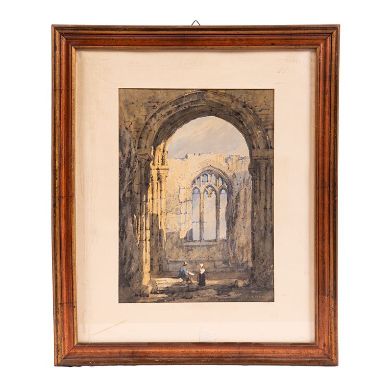Scuola Napoletana, Interno di cattedrale con figure, acquerello su carta (sec. XX)