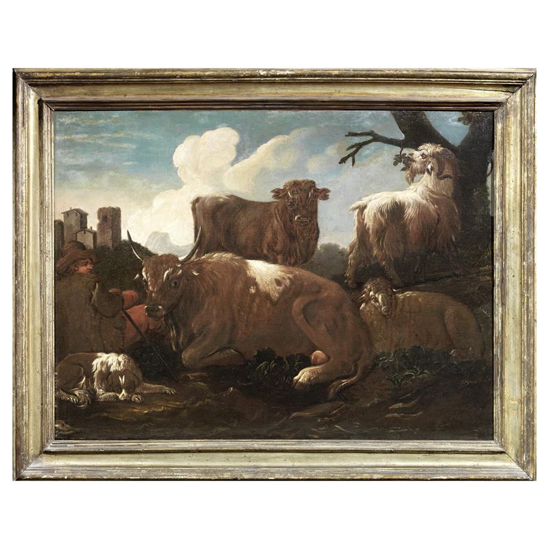 Scuola di Rosa da Tivoli, Coppia di dipinti a soggetto pastorale e animale, olio su tela (sec. XV...