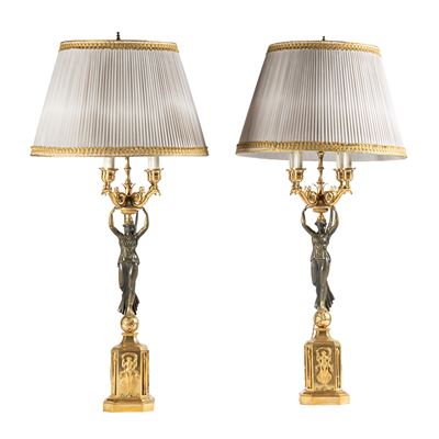 Francia, Coppia di candelabri, bronzo brunito e dorato, con sostegni a figure femminili, sec. XIX