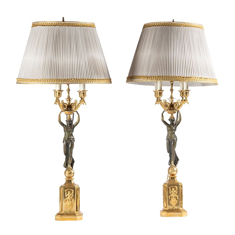 Francia, Coppia di candelabri, bronzo brunito e dorato, con sostegni a figure femminili, sec. XIX