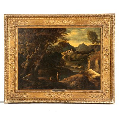 Seguace di Salvator Rosa, Coppia di paesaggi boschivo e fluviale con pastori e armenti, olio su t...