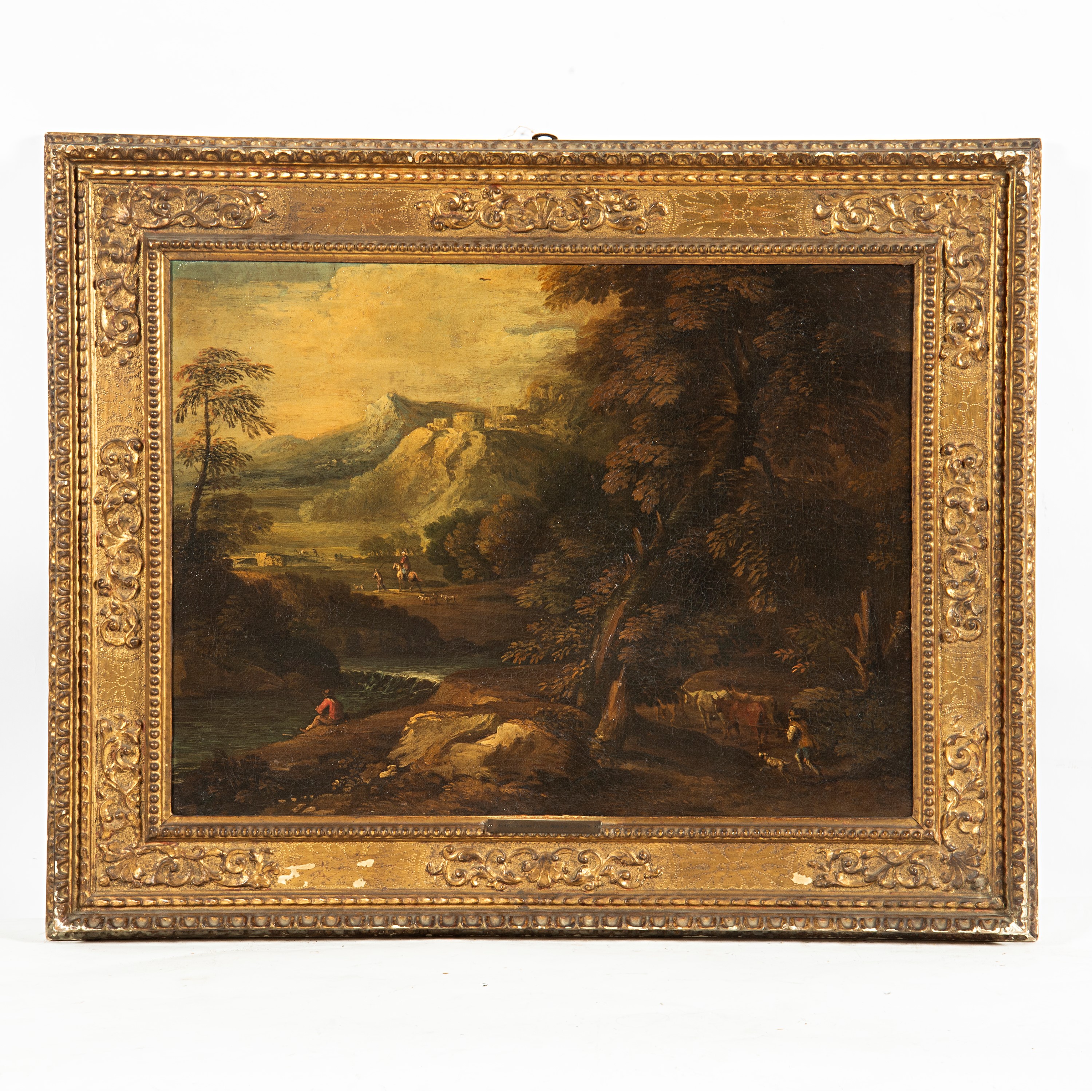 Seguace di Salvator Rosa, Coppia di paesaggi boschivo e fluviale con pastori e armenti, olio su t...