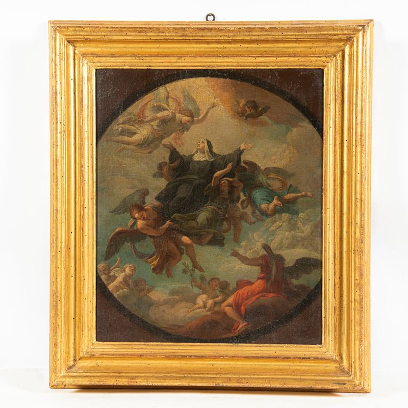 Scuola romana, Santa Chiara Assunta in cielo, olio su tela (sec. XVII)