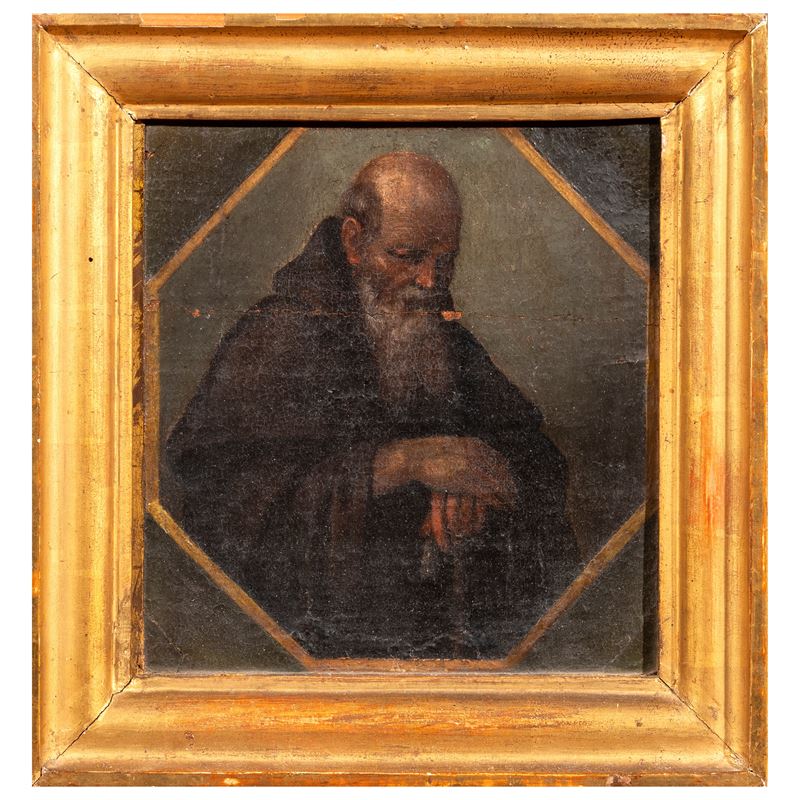 Scuola dell'Italia centrale, Sant'Antonio Abate, olio su tela riportato su tavola (sec. XVII)