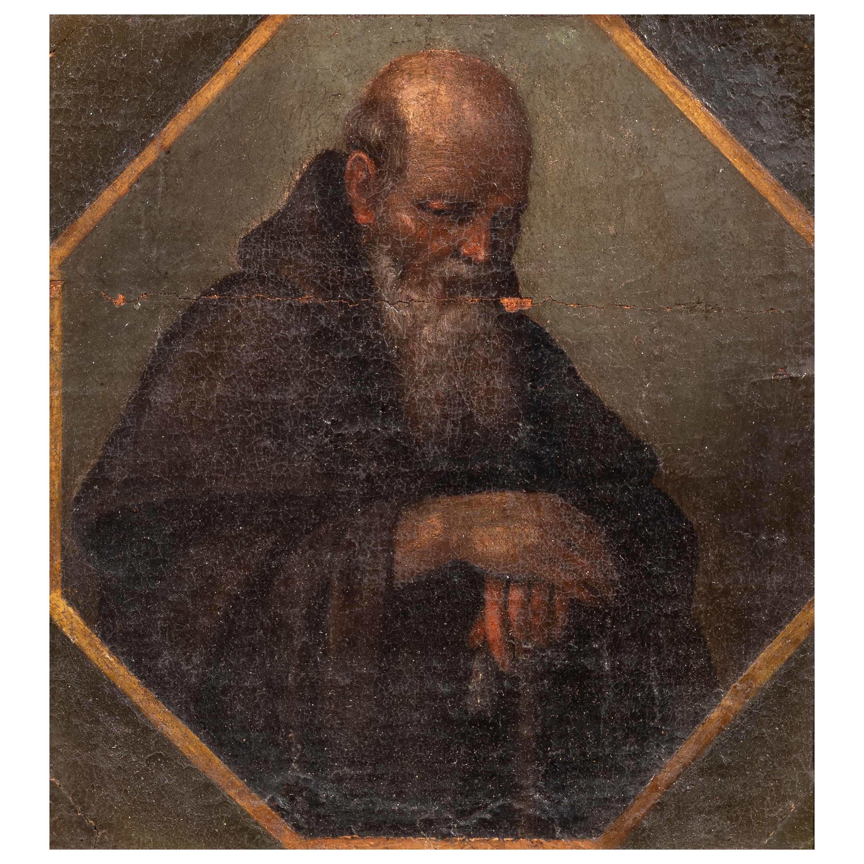 Scuola dell'Italia centrale, Sant'Antonio Abate, olio su tela riportato su tavola (sec. XVII)