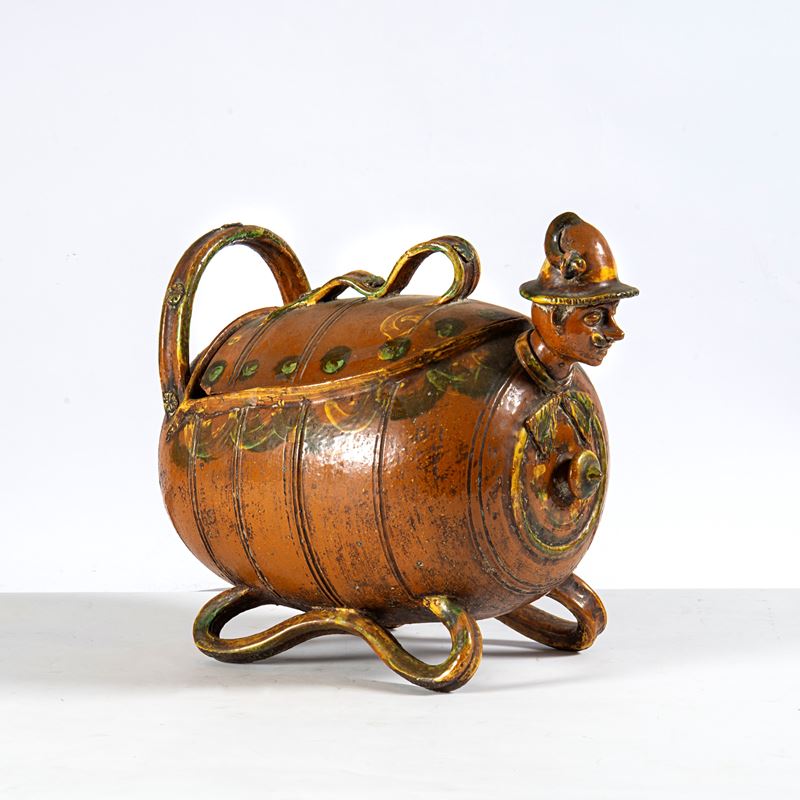 Botte, Botte in terracotta smaltata con coperchio e figura antropomorfa (Austria, sec. XX)