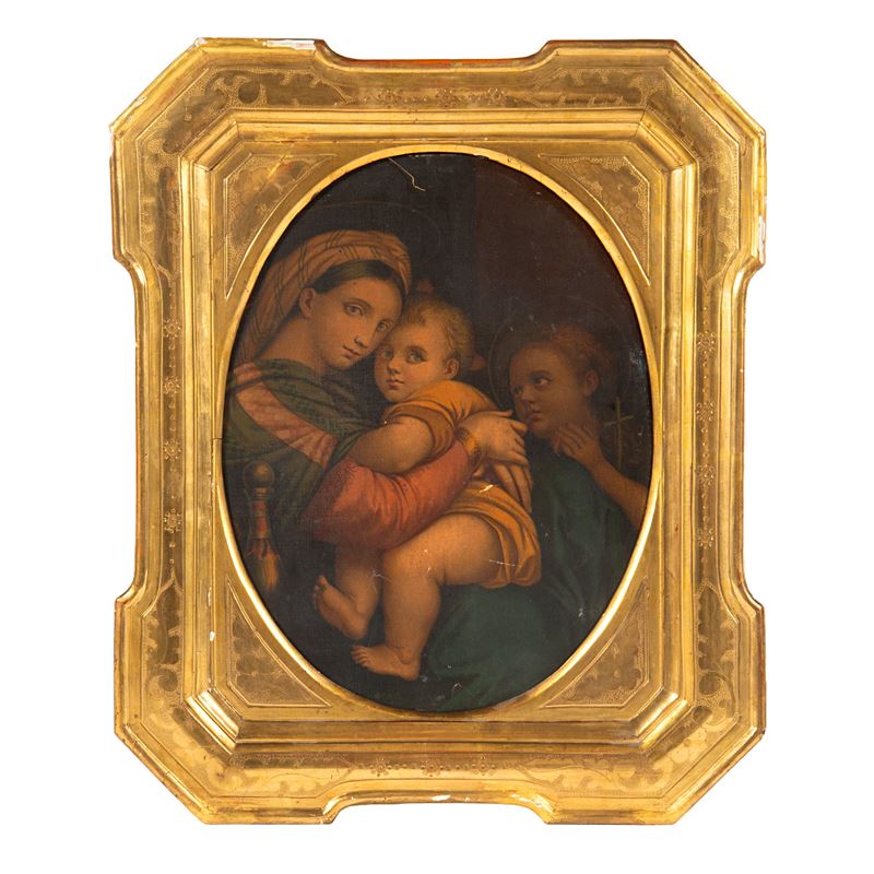 Cornice in legno dorato sagomato, con riproduzione “Madonna della Seggiola”, Francia, sec. XIX