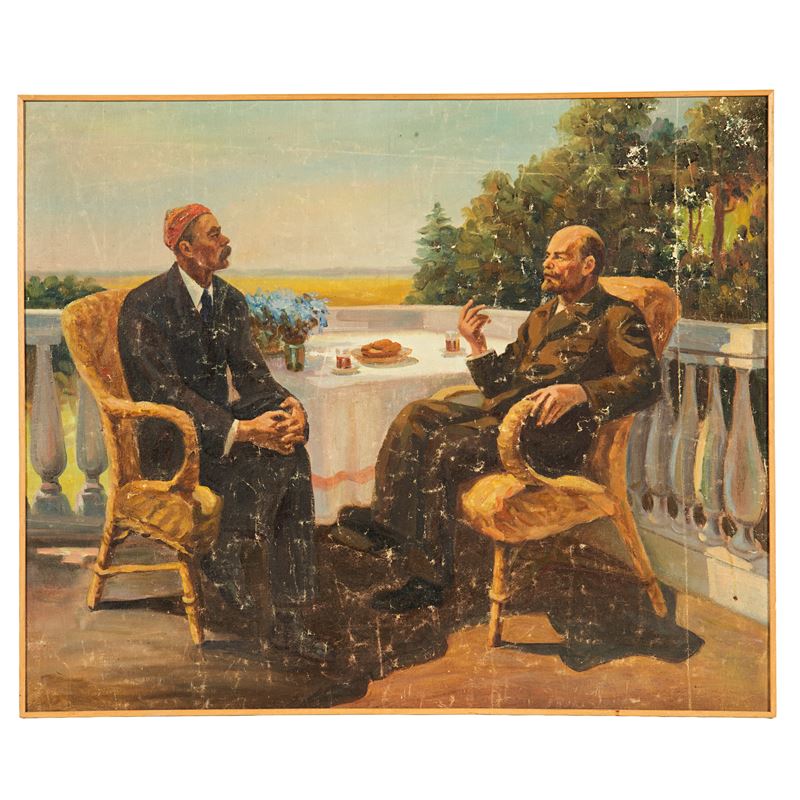 Artista russo del XX secolo, Lenin a colazione, olio su tela
