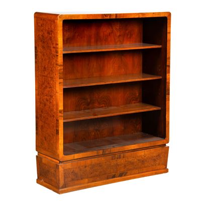 Ribaltina da parete/angolare in stile déco, Piccola libreria in radica di noce intarsiata