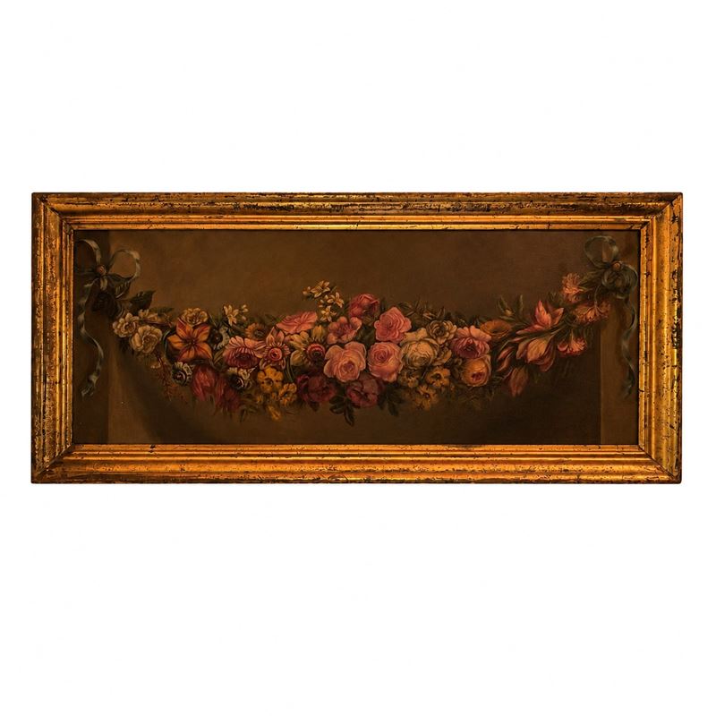 Scuola italiana (sec. XIX), Fiori, olio su tela con cornice dorata