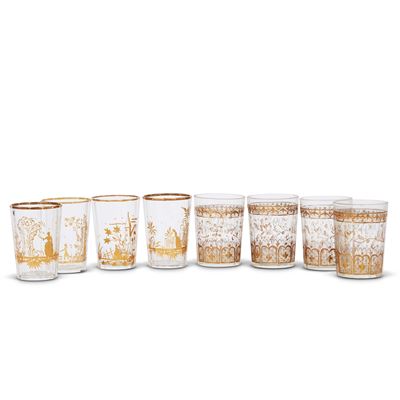 Assortimento da tavola con stemma inciso del Caffè Florian, Venezia, bicchieri e coppette, vetro ...