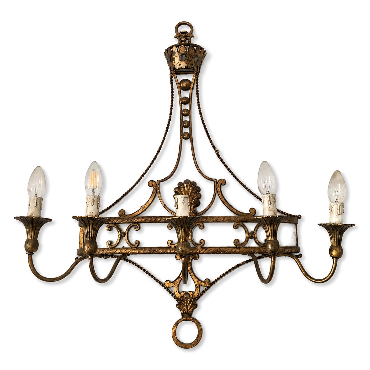Coppia di applique, metallo dorato e legno scolpito, cinque luci, XX secolo