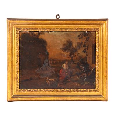 Scuola italiana, Paesaggio bucolico con figure, olio su tavola (sec. XVIII)