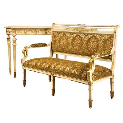 Salotto in stile Luigi XVI, legno laccato bianco e oro con intagli