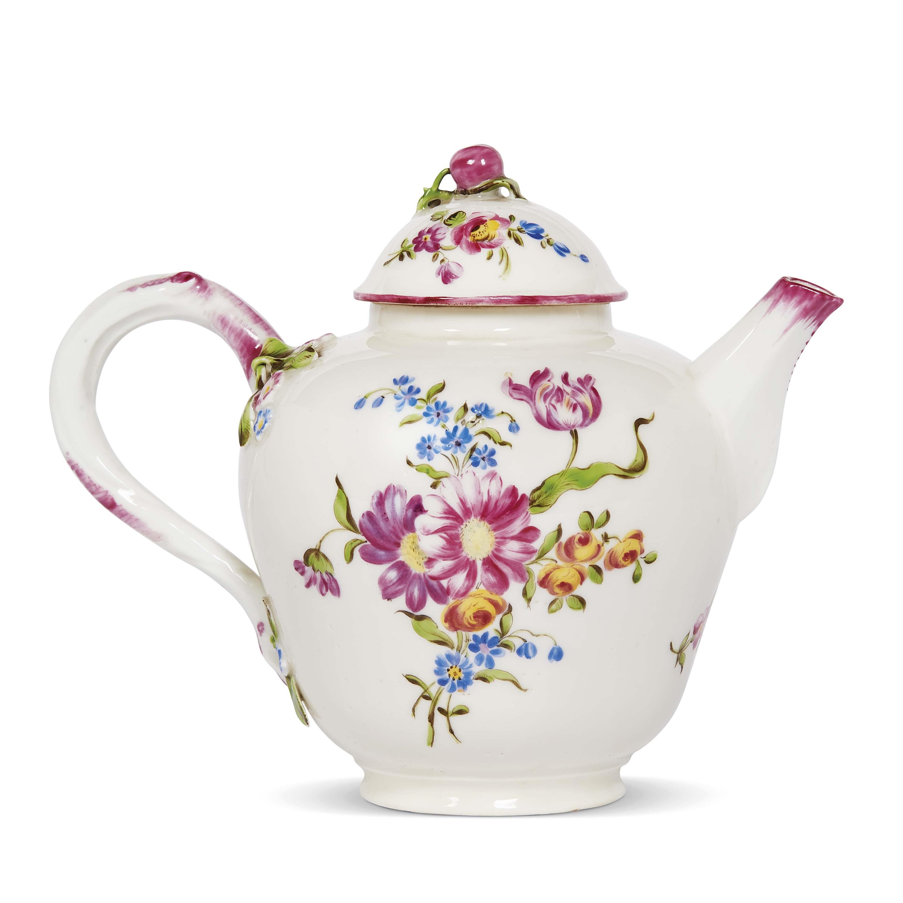 Manifattura del Duca di Villeroy (Mennecy), Teiera in porcellana tenera dipinta a bouquet floreal...