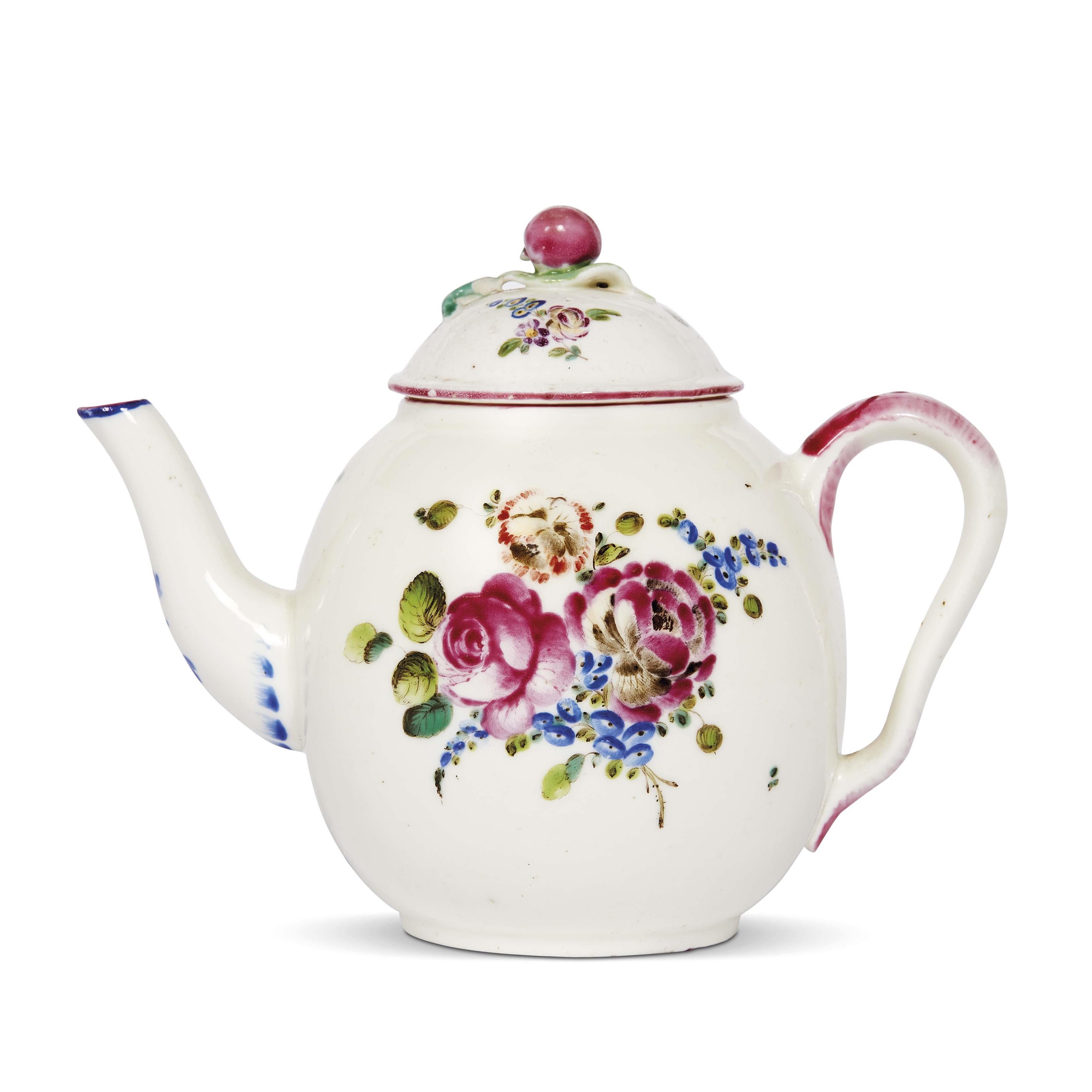 Manifattura del Duca di Villeroy (Mennecy), Teiera in porcellana tenera dipinta a bouquet floreal...