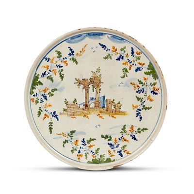 Lodi, Alzata in maiolica dipinta a “al castelletto”, sec. XVIII