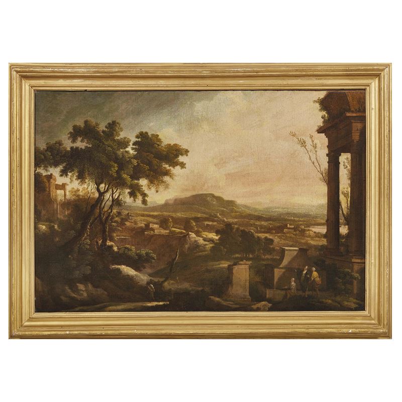 Pierre Antoine Patel, Paesaggio con rovine e figure, olio su tela
