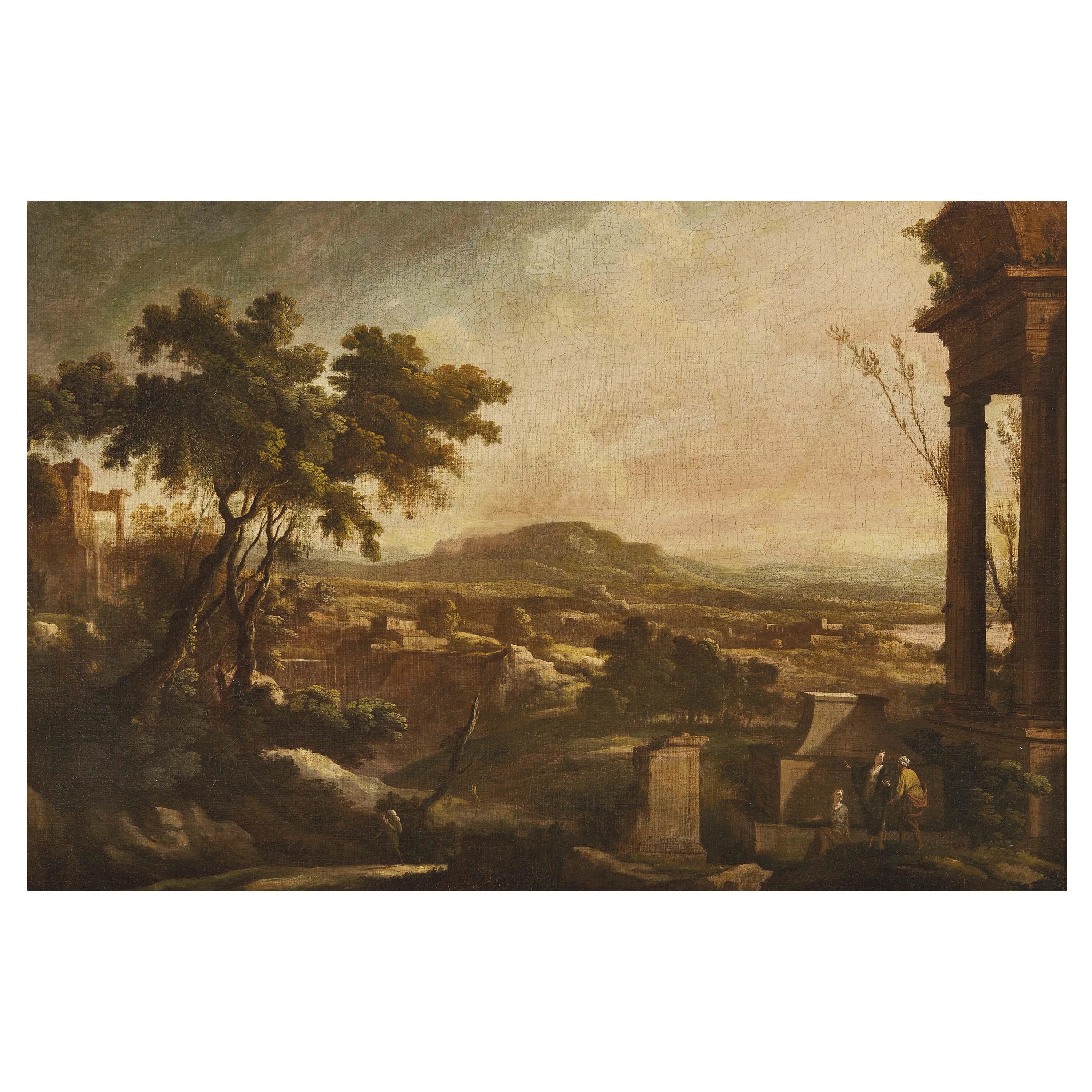 Pierre Antoine Patel, Paesaggio con rovine e figure, olio su tela