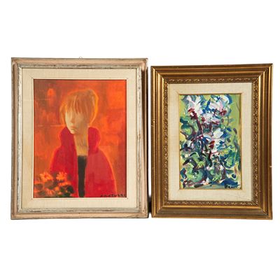 Enzo Pregno, Fiori; Eliano Fantuzzi, Figura femminile (lotto di due dipinti, olio su tela)