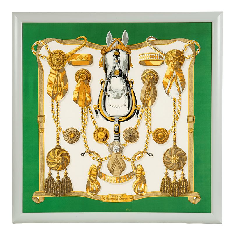 Hermès, Foulard Frontaux et cocardes e Cheval Turc, seta 90x90 cm