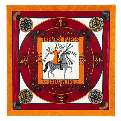 Hermès, Foulard in seta 100% (90x90 cm) “Feux d’artifice / Les voltures a Transformation”