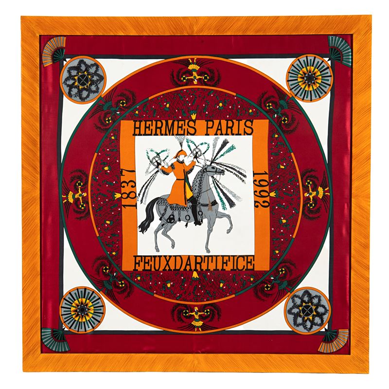 Hermès, Foulard in seta 100% (90x90 cm) “Feux d’artifice / Les voltures a Transformation”