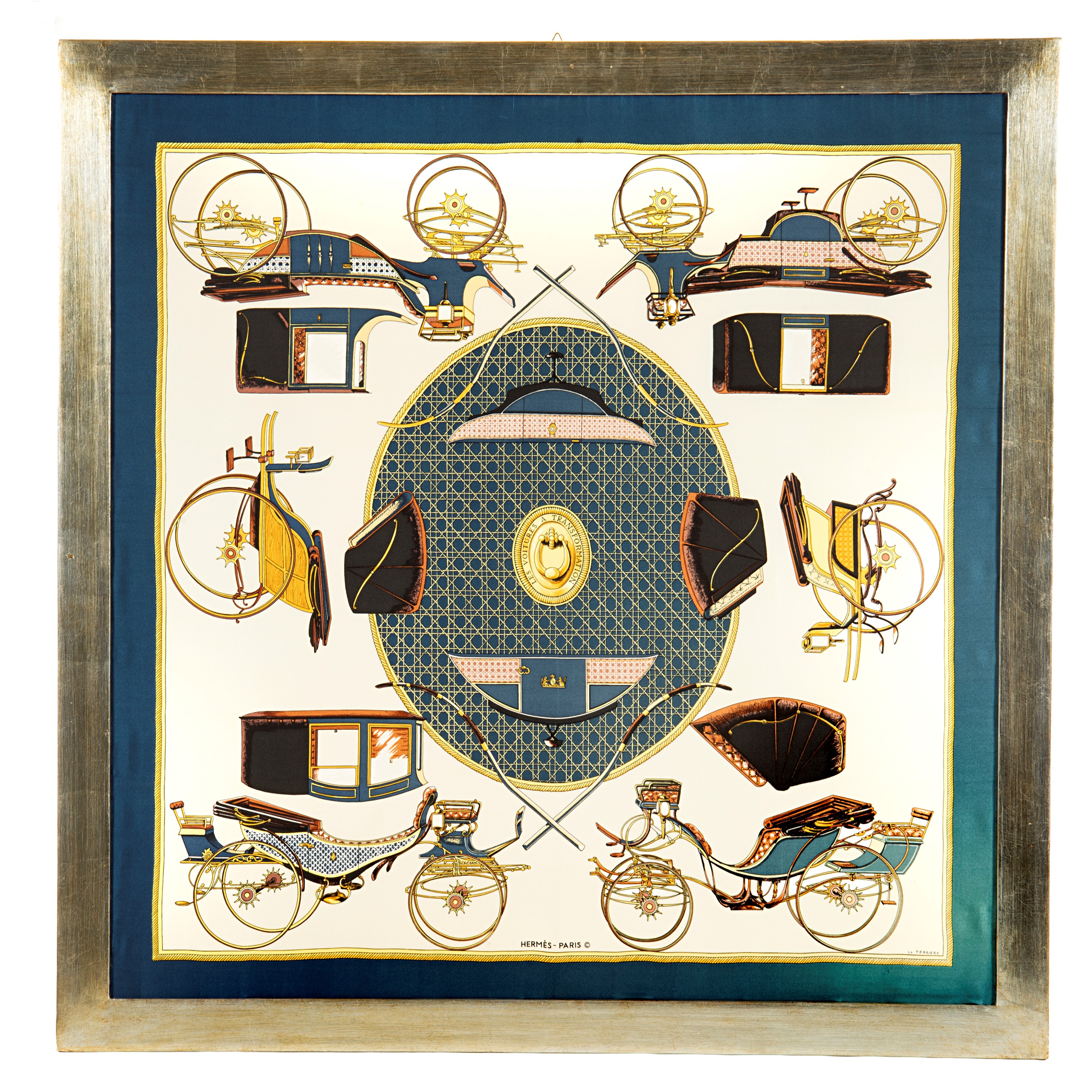 Hermès, Foulard in seta 100% (90x90 cm) “Feux d’artifice / Les voltures a Transformation”