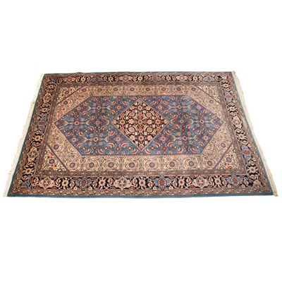 Tappeto persiano, sec. XX, fondo azzurro con medaglione e bordura floreale, cm 300x200