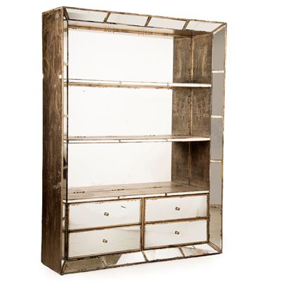 Libreria, struttura in legno laccato argento con rivestimento a specchi anticati, sec. XX