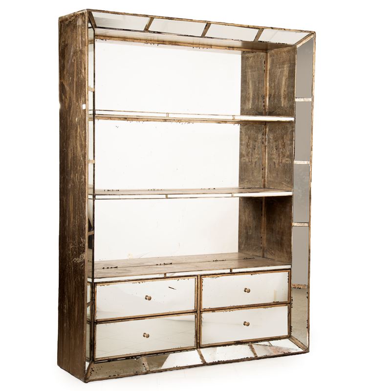 Libreria, struttura in legno laccato argento con rivestimento a specchi anticati, sec. XX